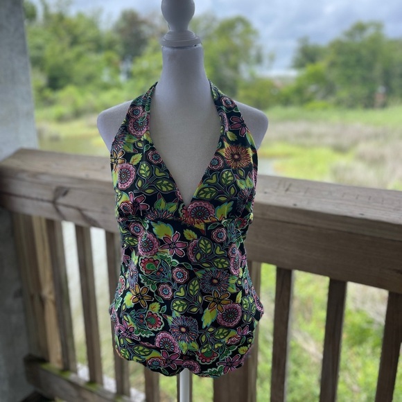 J.I.T. Sport vintage two piece halter tankini boy shorts black neon floral Sz L. - Picture 1 of 9